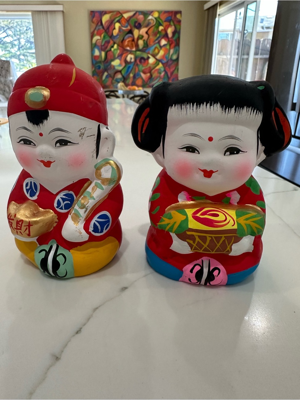 Pair of Colorful Chinese Folk Figurines - Red, Black, Blue, Yellow